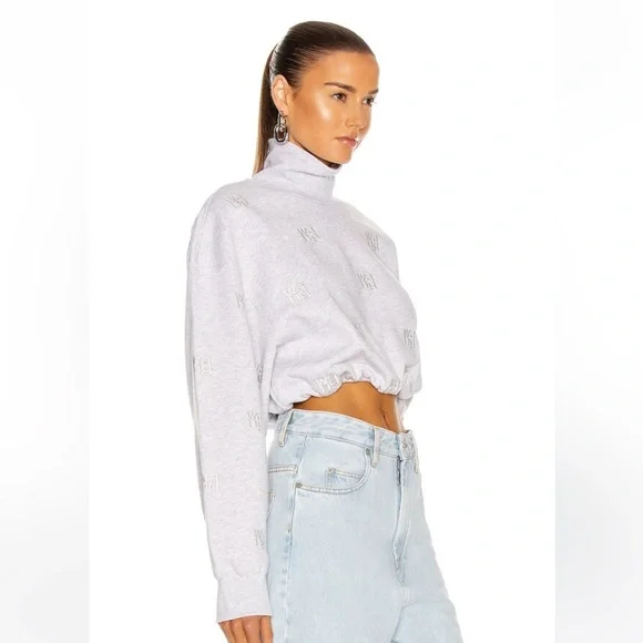 Alexander Wang All Over Logo Embroidery Monogram Turtleneck Sweatshirt Crop Top - Picture 3 of 17